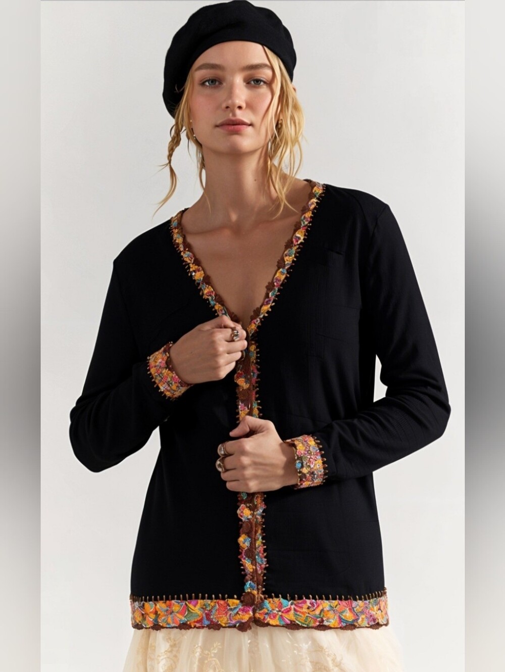 Alberto Makali Black Silky Printed Silky Cardigan with Multi-Color.Trim